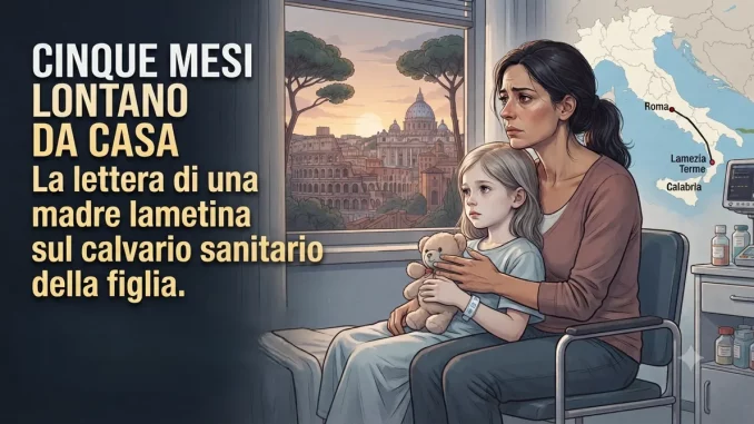 Una madre lametina e la figlia in ospedale a Roma, guardando dalla finestra verso Colosseo e San Pietro