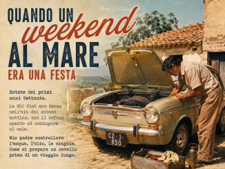Fiat 850 con il cofano aperto nell'aia, un uomo controlla il motore — preparativi per un weekend al mare all'inizio degli anni Settanta