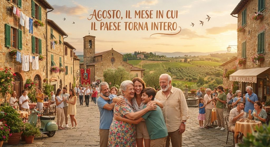 Famiglia che si riabbraccia nella piazza di un borgo al tramonto d'agosto, tra i tavolini del bar, le case in pietra e le colline sullo sfondo