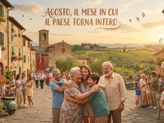 Famiglia che si riabbraccia nella piazza di un borgo al tramonto d'agosto, tra i tavolini del bar, le case in pietra e le colline sullo sfondo