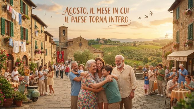 Famiglia che si riabbraccia nella piazza di un borgo al tramonto d'agosto, tra i tavolini del bar, le case in pietra e le colline sullo sfondo