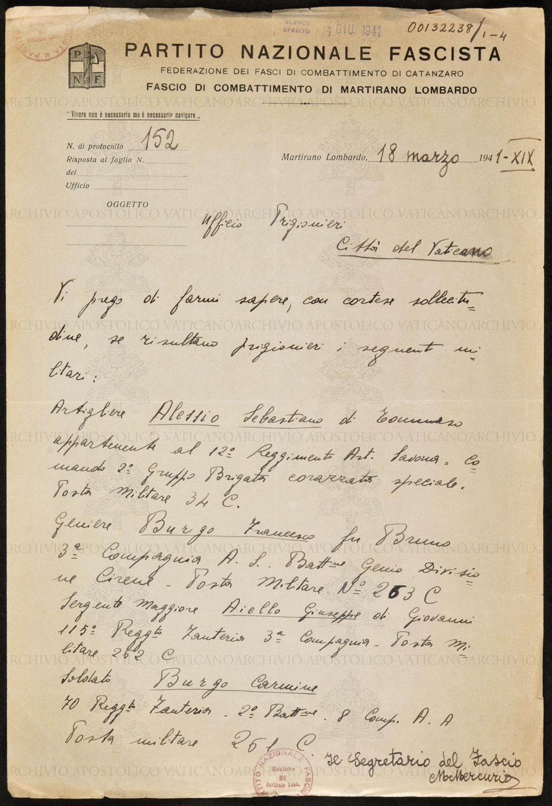 Lettera del Fascio di Combattimento di Martirano Lombardo all'Ufficio Prigionieri del Vaticano, 18 marzo 1941
