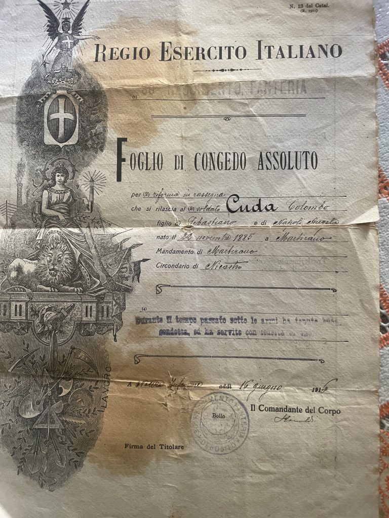 Foglio di congedo assoluto del Regio Esercito rilasciato nel 1916 a Cuda Colombo Giovanni di Martirano