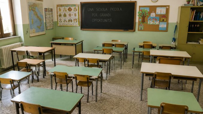 Aula di scuola primaria con banchi di misure diverse, come nelle pluriclassi delle aree interne del Sud
