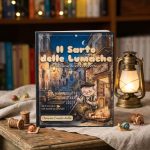Il libro «Il Sarto delle Lumache – 40 favole della buonanotte» su un tavolo di legno, tra rocchetti di filo, piccole lumache e una lanterna accesa