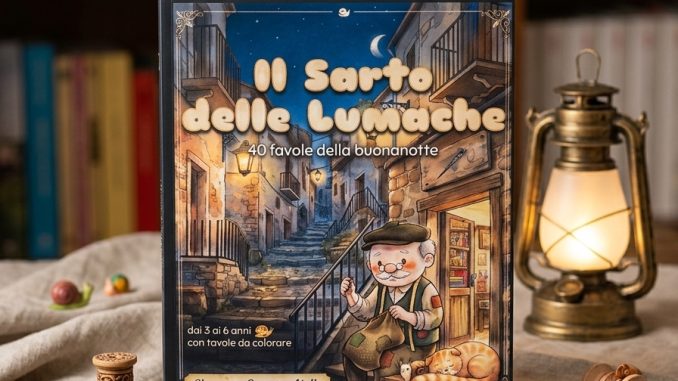 Il libro «Il Sarto delle Lumache – 40 favole della buonanotte» su un tavolo di legno, tra rocchetti di filo, piccole lumache e una lanterna accesa