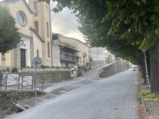 Strada alberata di Martirano Lombardo con la chiesa parrocchiale e le case del paese